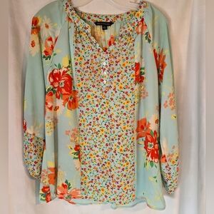 Zac & Rachel Floral Blouse - Light Blue and Orange